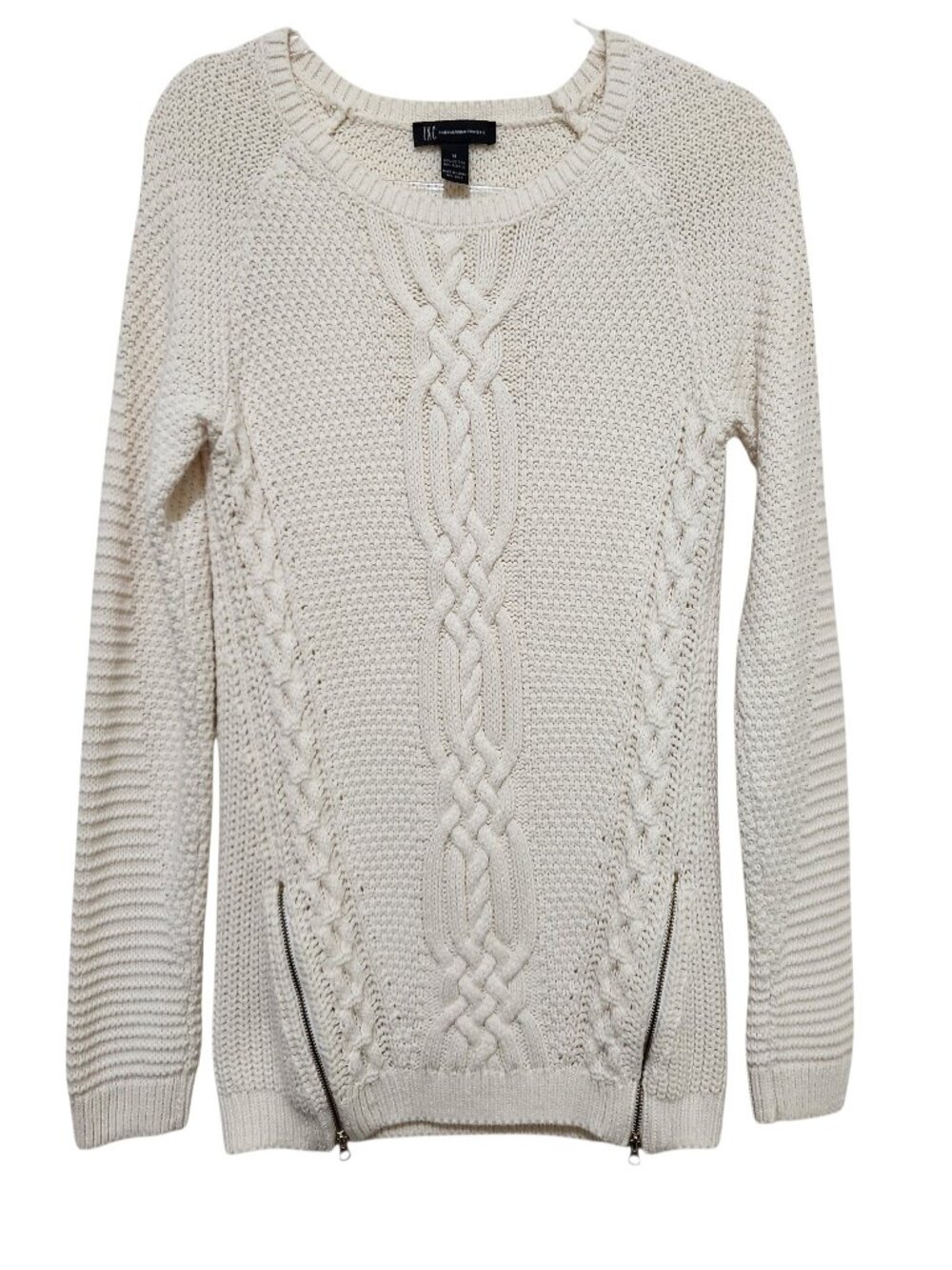 INC International Concepts Womens Cable Knit Sweater Ivory Front Zippers Pull On